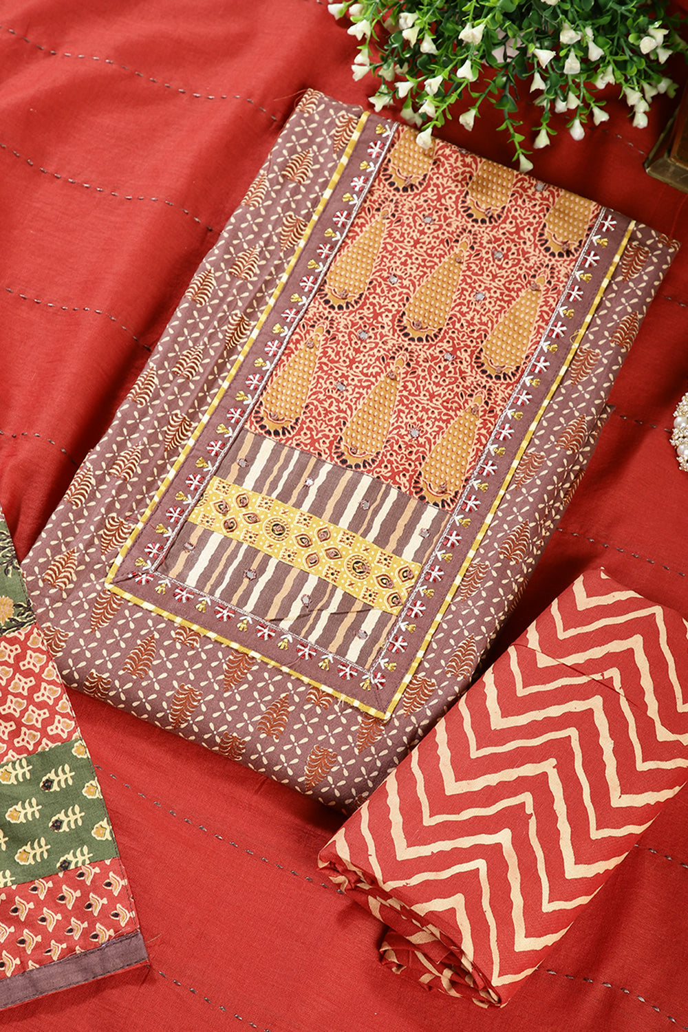Brown & Marron Color Twill Cotton Printed Unstitched Suit Material