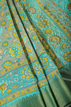 Grey & Teal Color Floral Printed Tussar Silk Saree