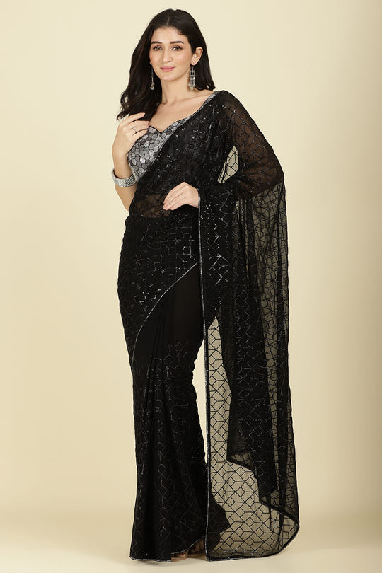 Black Georgette Sequins Embroidered Saree With Stone Work Readymade Blouse
