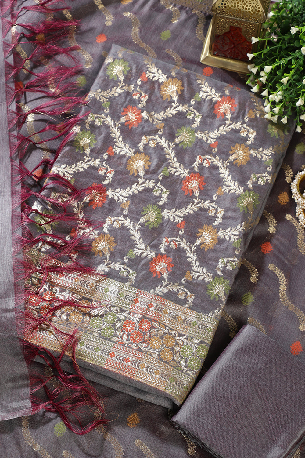 Grey Chanderi Silk Resham And Zari Woven Unstitched Suit Material