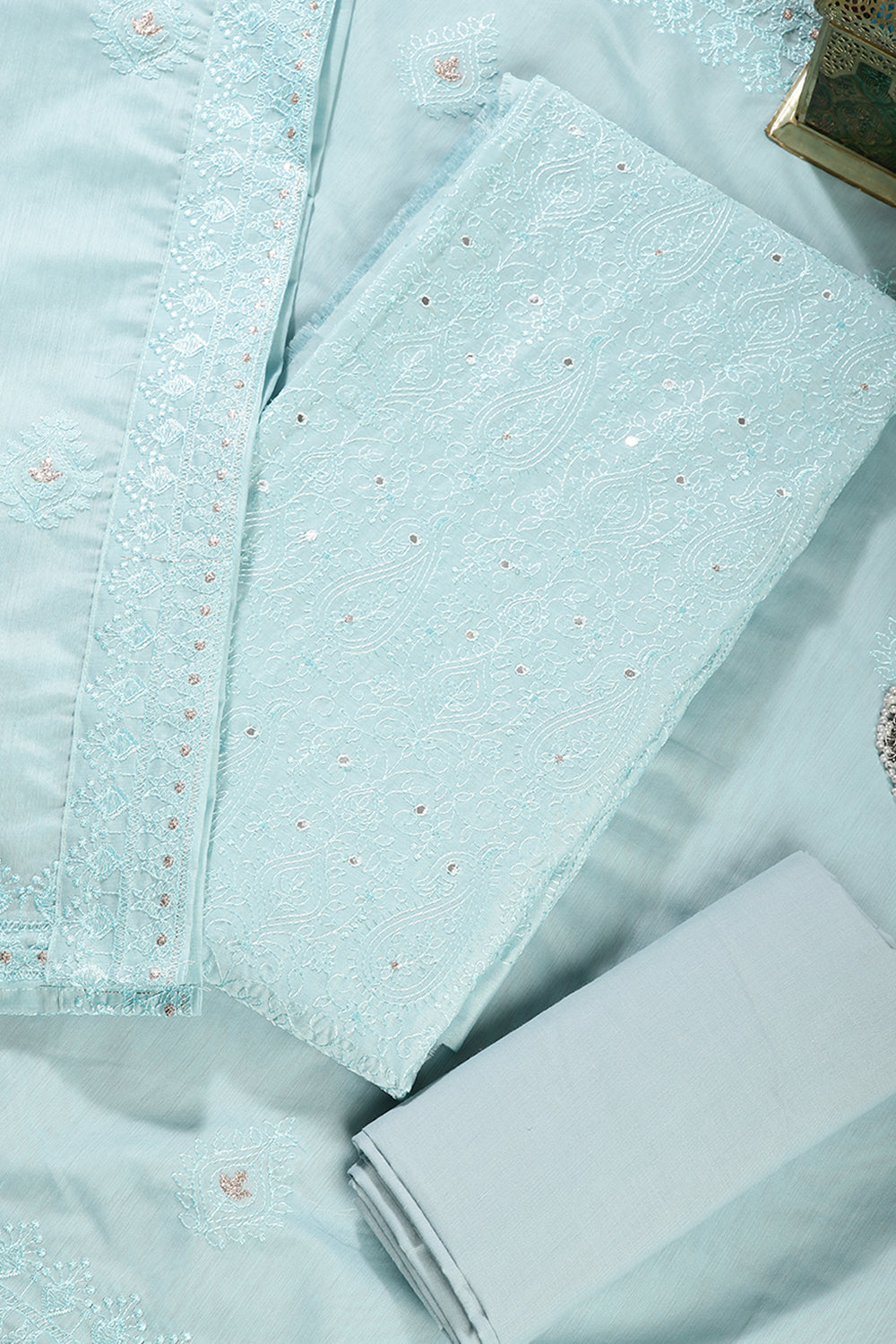 Turquoise Color Chanderi Resham Embroidered Unstitched Suit