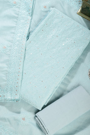 Turquoise Color Chanderi Resham Embroidered Unstitched Suit