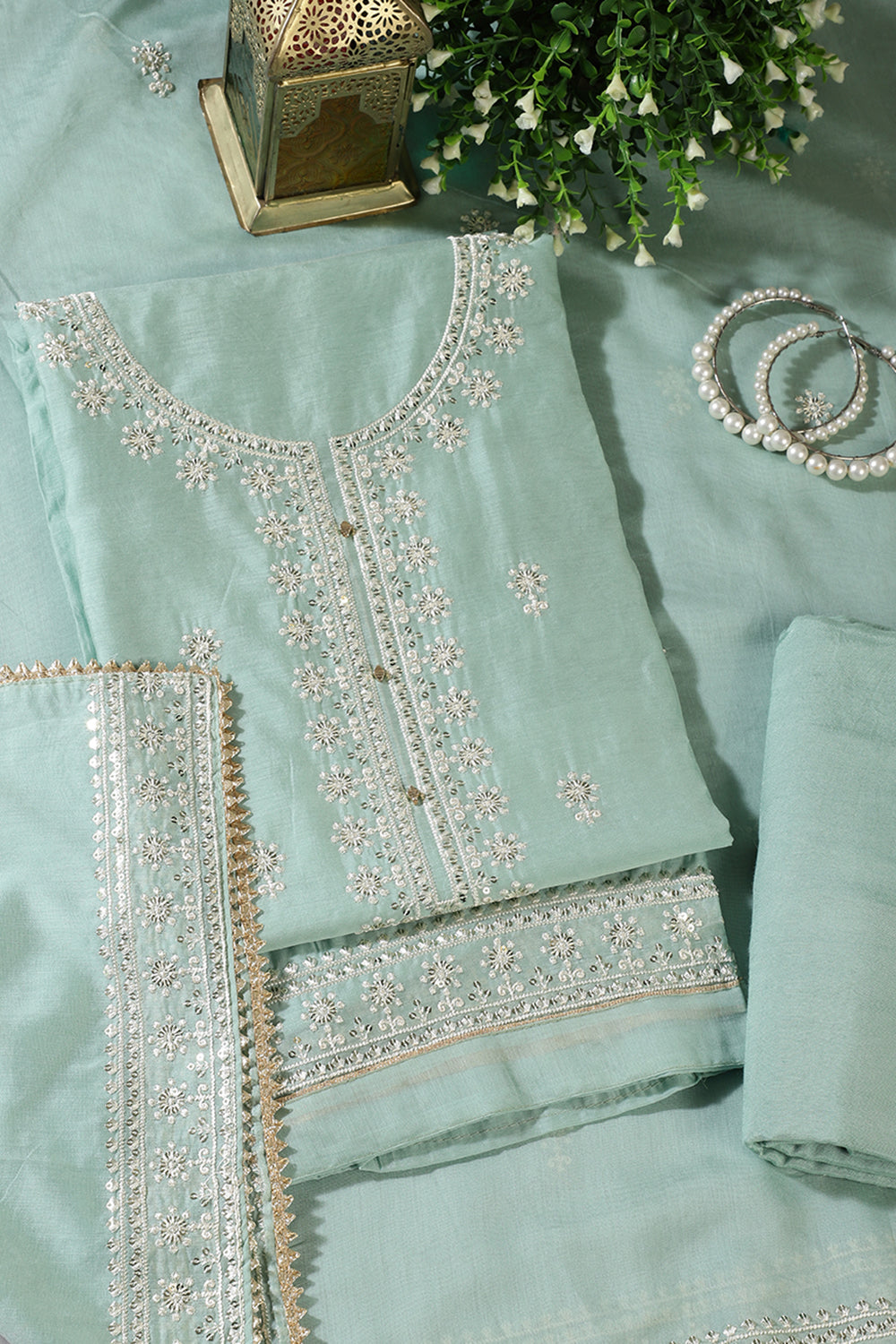 Sea Green Chanderi Silk Resham Embroidered Unstitched Suit Material