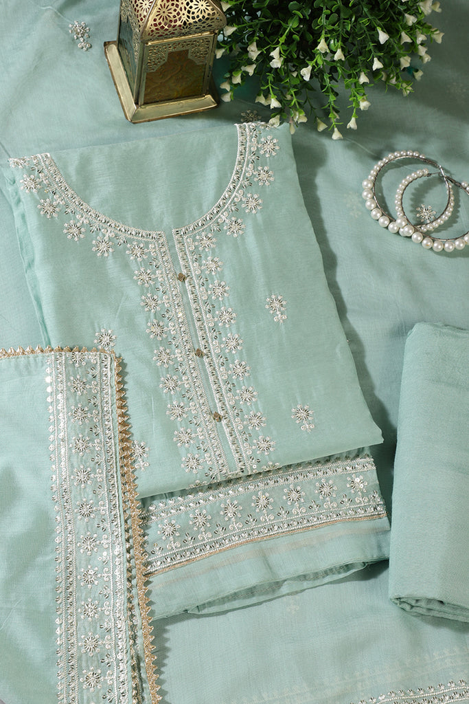 Sea Green Chanderi Silk Resham Embroidered Unstitched Suit Material