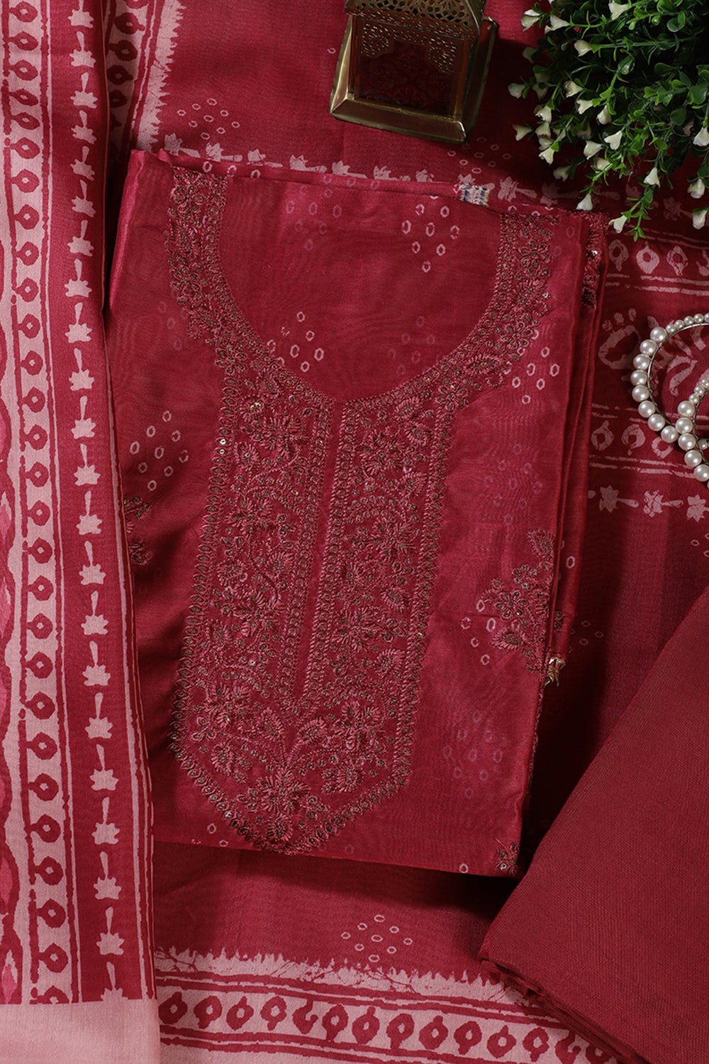 Deep Carmine Chanderi Silk Printed And Embroidered Unstitched Suit Material