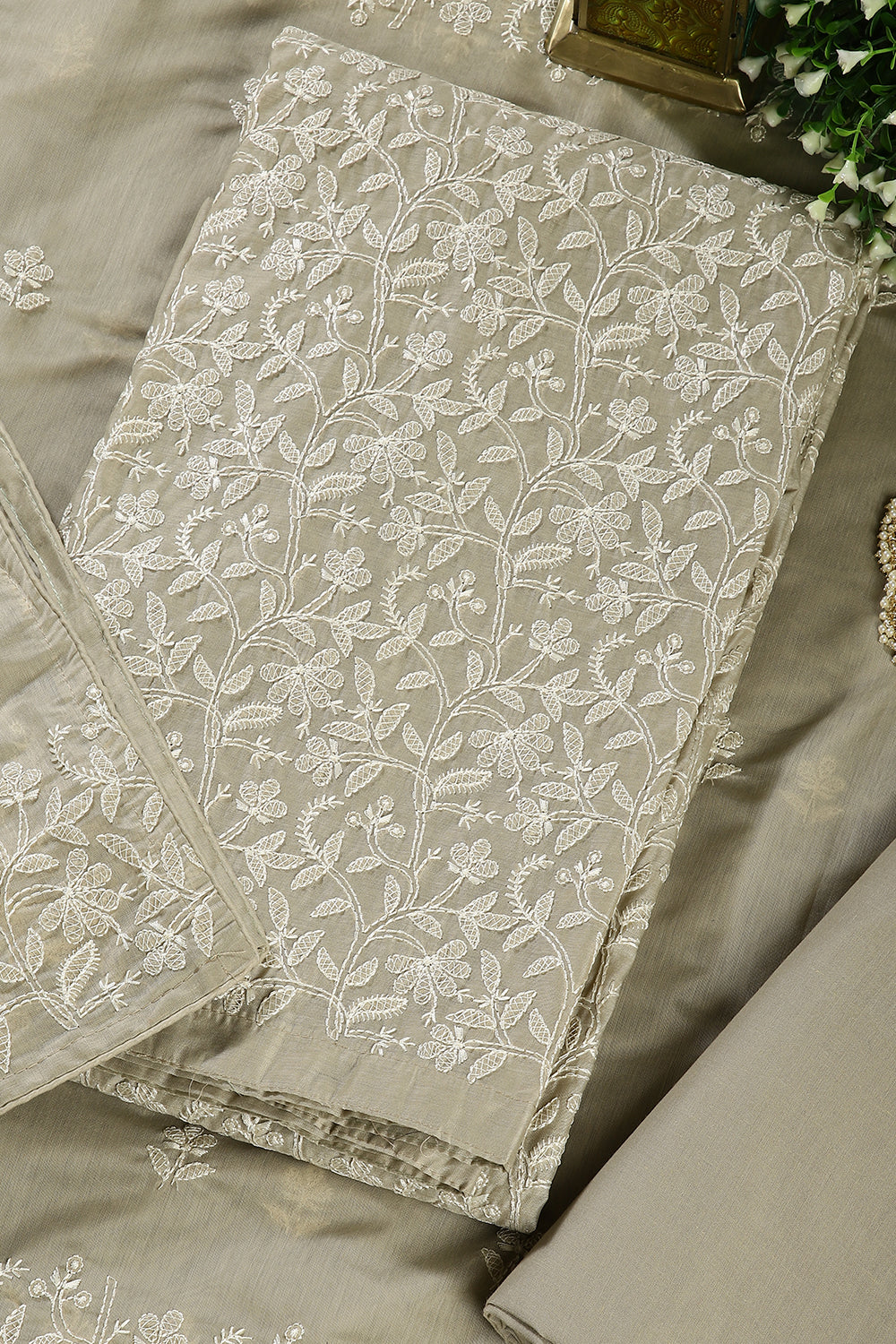 Greenish Grey Colour Resham Embroidered Chanderi Unstitched Suit