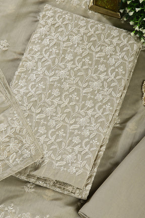 Greenish Grey Colour Resham Embroidered Chanderi Unstitched Suit