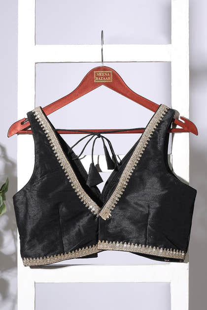 Black Tussar Silk Zari And Sequins Embroidered Readymade Blouse