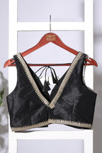 Black Tussar Silk Zari And Sequins Embroidered Readymade Blouse