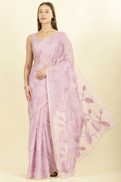 Lavender Cotton Floral Resham Embroidered Saree