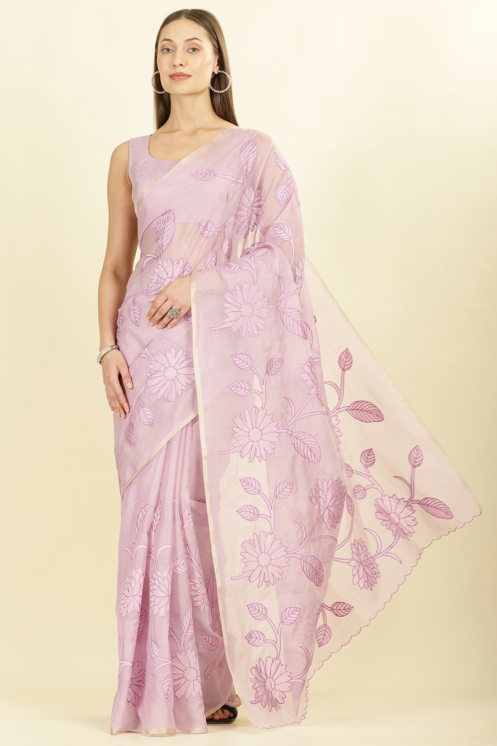 Lavender Cotton Floral Resham Embroidered Saree