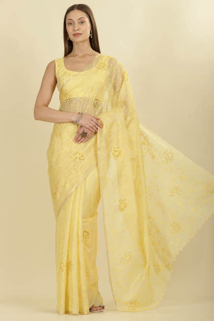 Pale Yellow Floral Resham Embroidered Cotton Saree