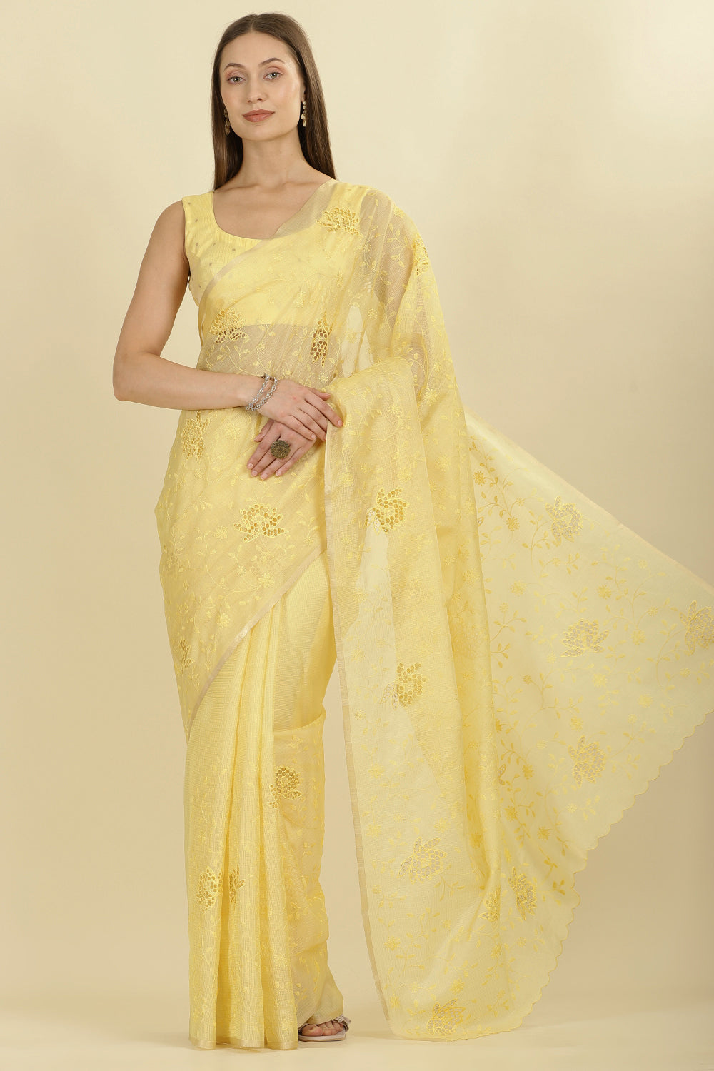 Pale Yellow Floral Resham Embroidered Cotton Saree