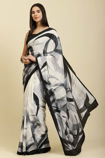 White Printed Crepe Silk Saree