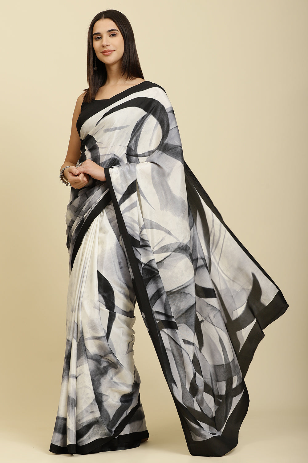 White Printed Crepe Silk Saree