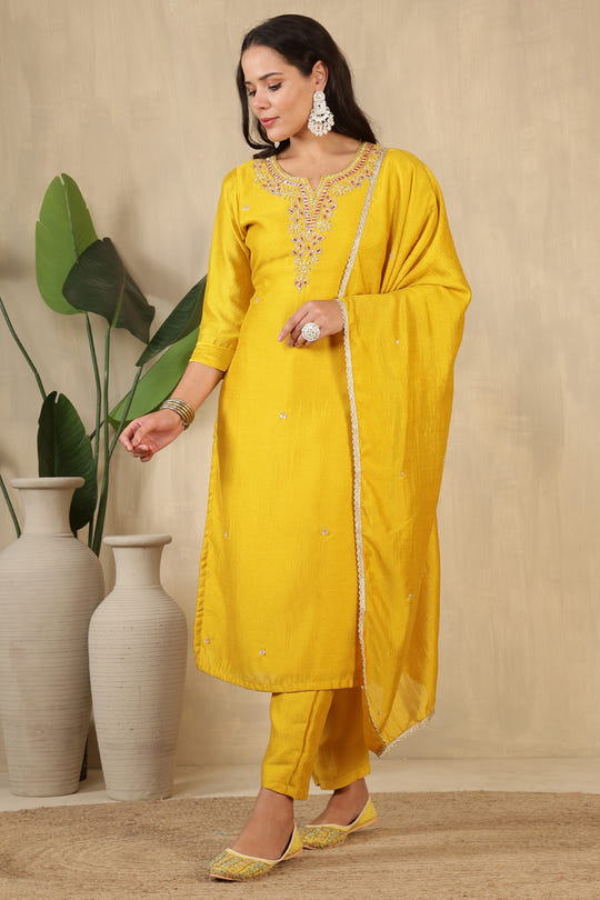 Mustard Crepe Silk Neck Embroidered Suit