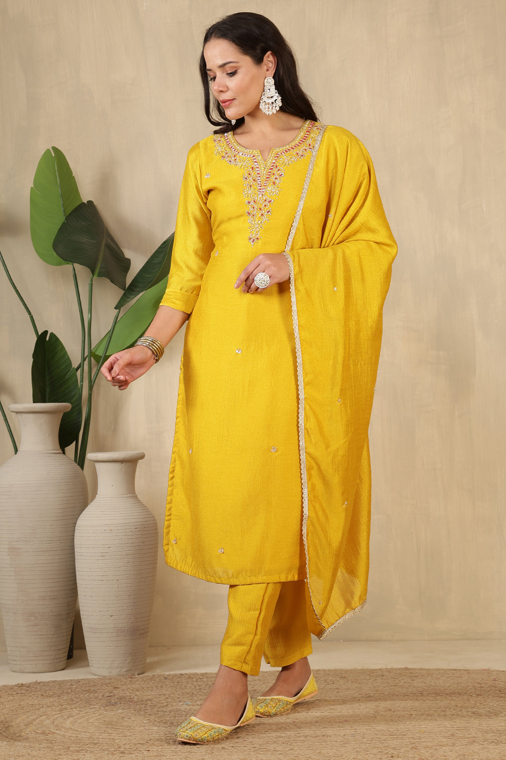 Mustard Crepe Silk Neck Embroidered Suit