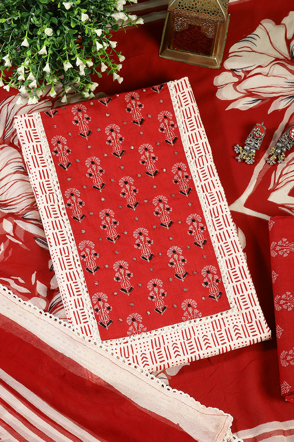 Red Color Cotton Printed Unstitched Suit Material