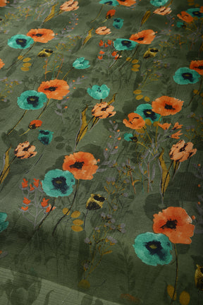 Olive Green Color Floral Printed Chiffon Saree