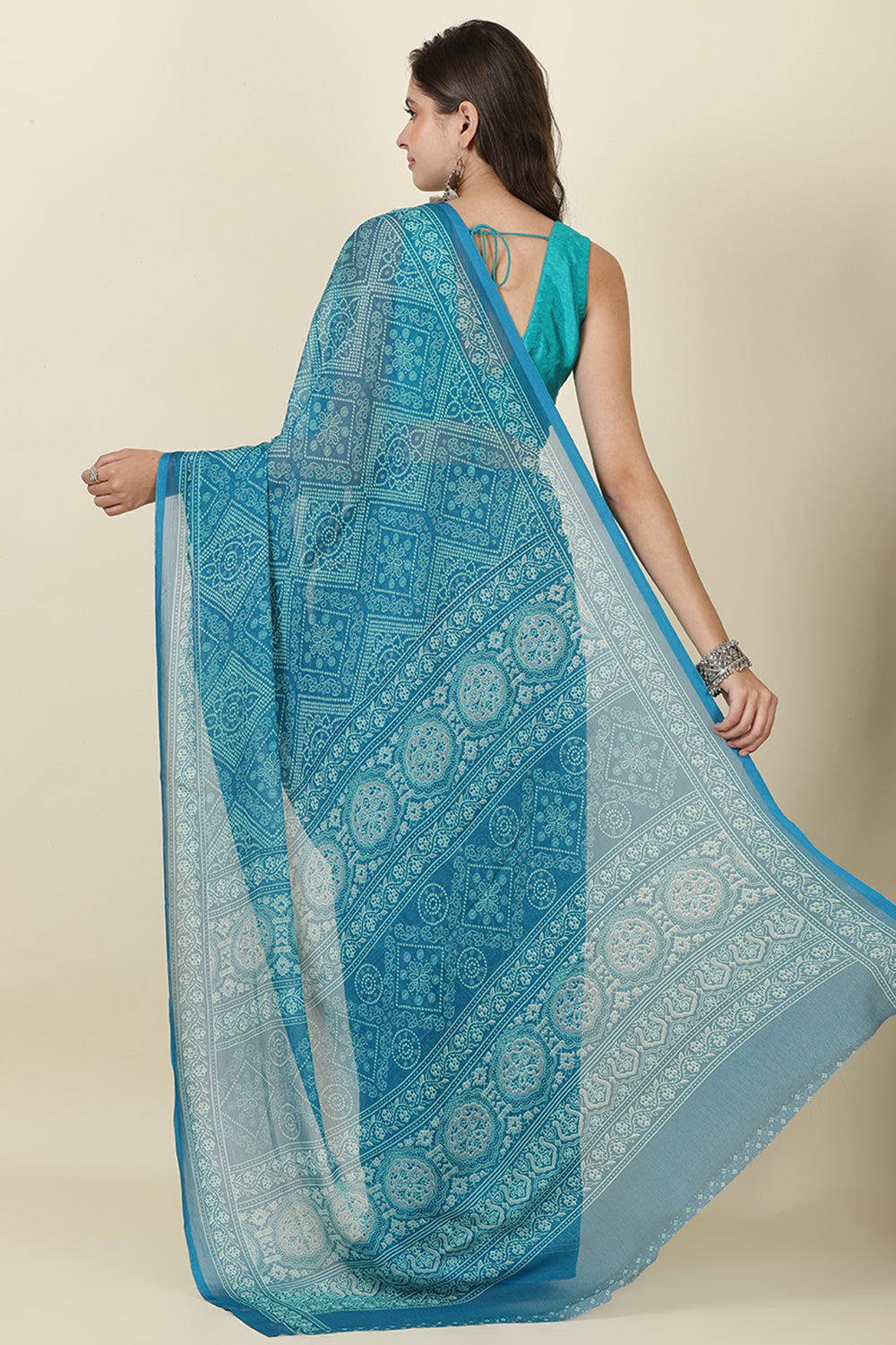 Teal Blue Georgette Bandhani Printed Saree