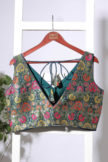 Bottle Green Brocade Sik Resham And Zari Woven Readymade Blouse