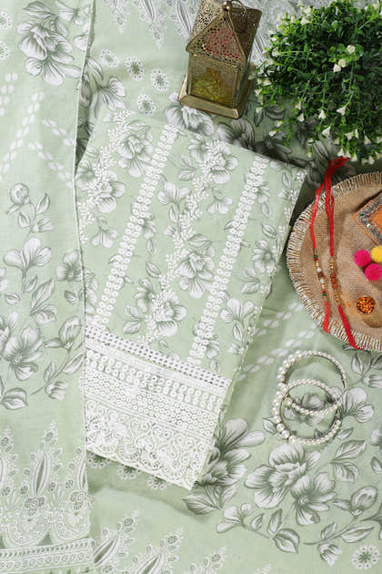 Light Green Cotton Floral Printed And Resham Embroidered Unstitched Suit Material