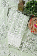 Light Green Cotton Floral Printed And Resham Embroidered Unstitched Suit Material