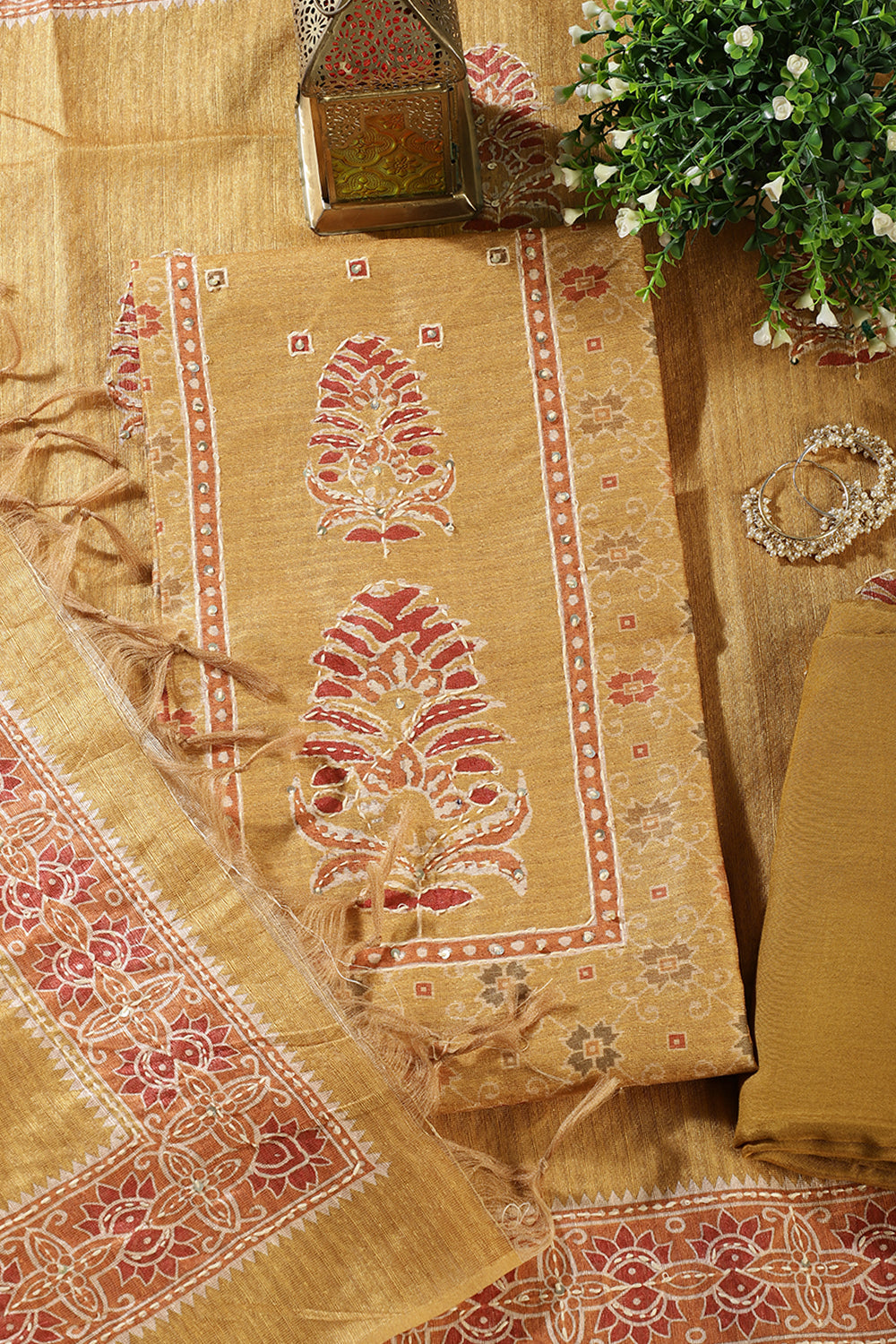 Mustard Tussar Silk Printed Unstitched Suit Material