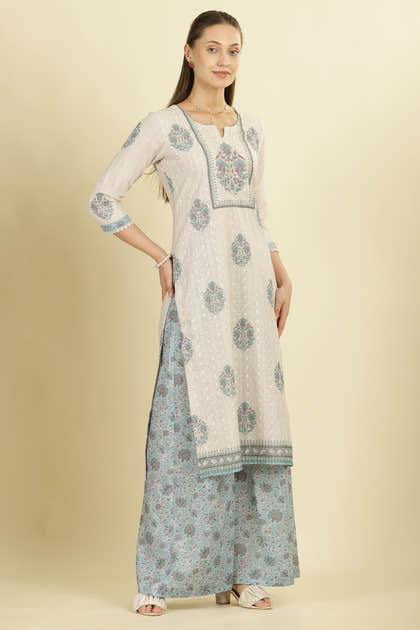 Cream Chanderi Cotton Hacoba Style & Floral Printed Unstitched Suit Material