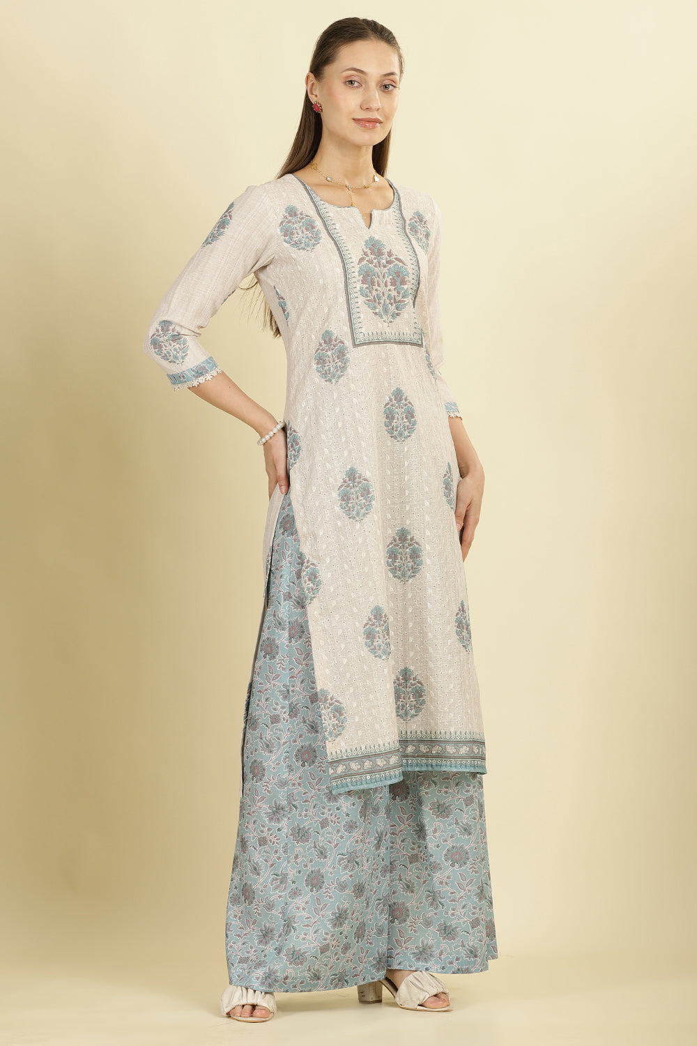 Cream Chanderi Cotton Hacoba Style & Floral Printed Unstitched Suit Material