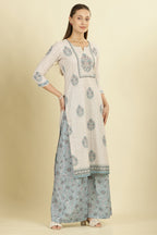 Cream Chanderi Cotton Hacoba Style & Floral Printed Unstitched Suit Material