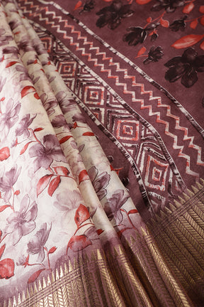 Mauve & Red Colour Floral Printed Cotton Silk Saree