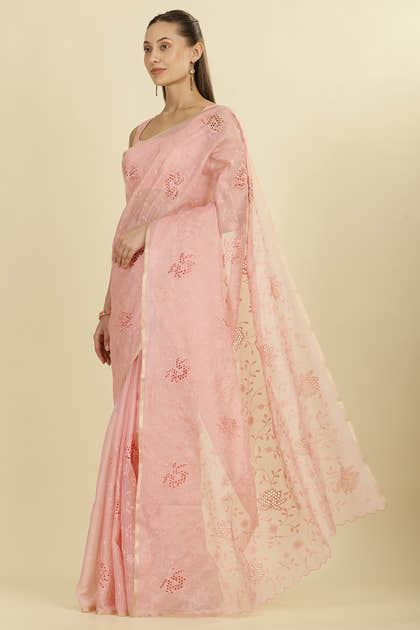 Pink Floral Resham Embroidered Cotton Saree