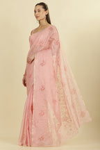Pink Floral Resham Embroidered Cotton Saree