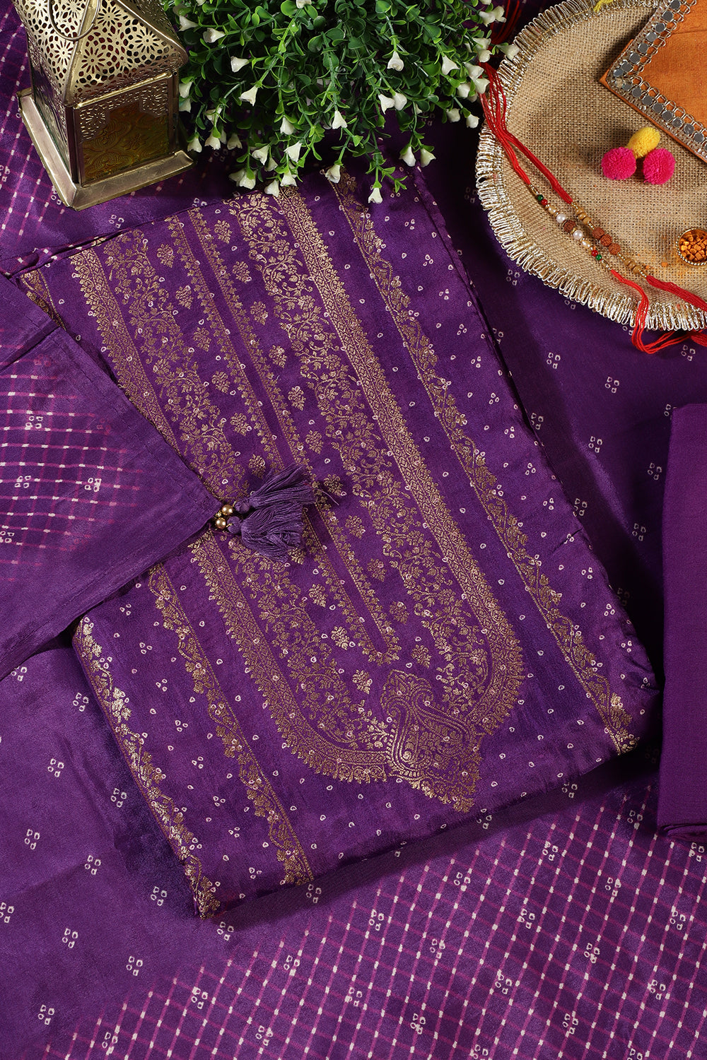 Purple Zari Woven And Bandhani Printed Silk Unstitched Suit Fabric
