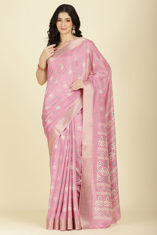 Pink Cotton Silk Printed And Zari Woven Saree