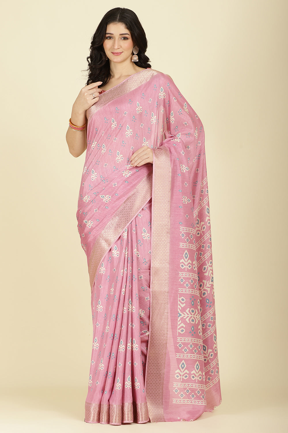 Pink Cotton Silk Printed And Zari Woven Saree