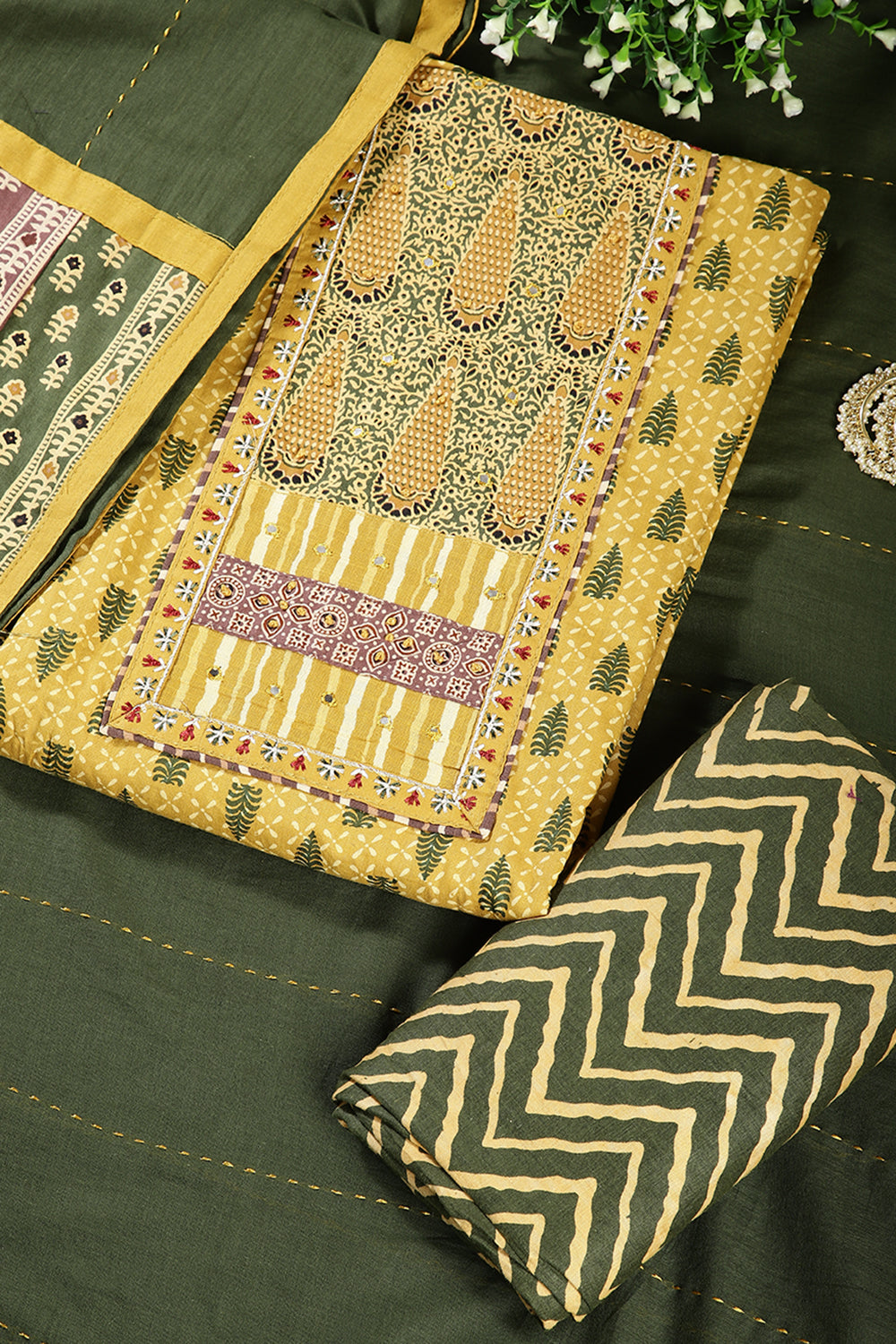 Mustard & Green Color Twill Cotton Printed Unstitched Suit Material