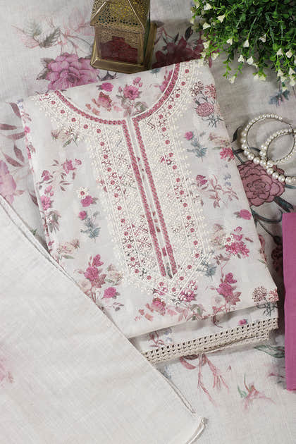 Cream & Pink Chanderi Cotton Floral Printed And Embroidered Unstitched Suit
