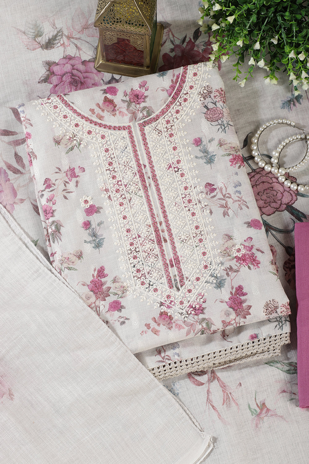 Cream & Pink Chanderi Cotton Floral Printed And Embroidered Unstitched Suit