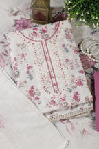 Cream & Pink Chanderi Cotton Floral Printed And Embroidered Unstitched Suit