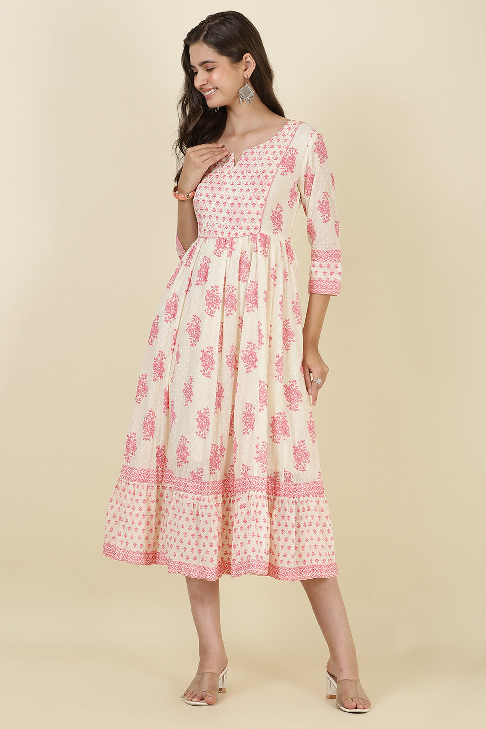 Cream & Pink Cotton Printed (Peonies) Anarkali Kurti