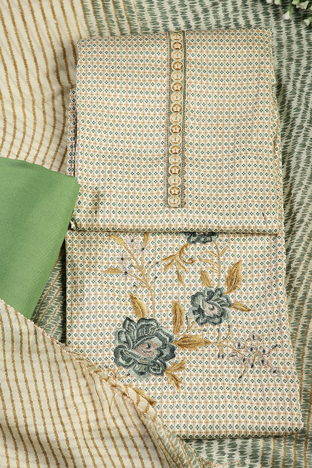 Green Color Printed And Resham Embroidered Unstitched Suit Material