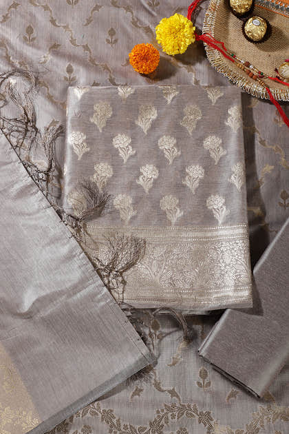 Fawn Color Silk Zari Woven Unstitched Suit Material
