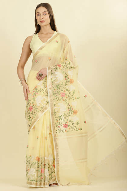 Yellow Kota Cotton Floral Resham Embroidered And Zari Woven Saree