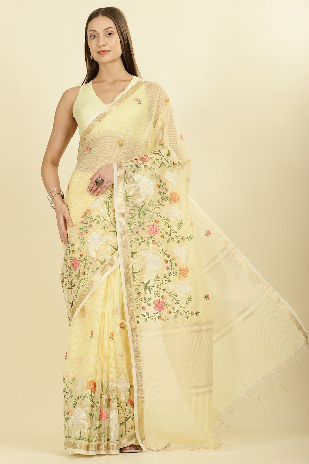 Yellow Kota Cotton Floral Resham Embroidered And Zari Woven Saree
