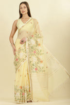 Yellow Kota Cotton Floral Resham Embroidered And Zari Woven Saree