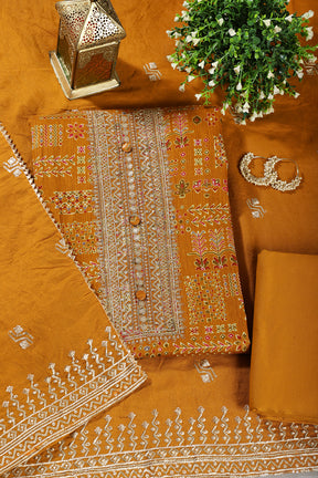 Mustard Digital Printed & Neck Embroidered Cotton Unstitched Suit