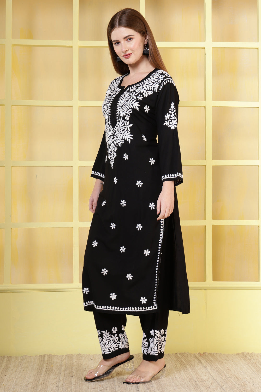 Black Rayon Resham Embroidered Kurti Set