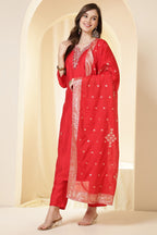 Red Silk Embroidered Suit Set